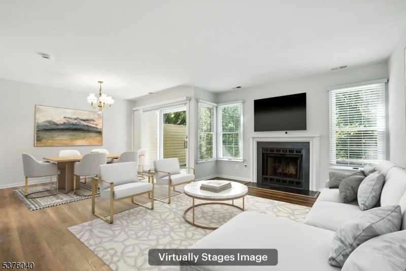 Chandelier, Dining room, Fireplace, Interior, Living room, Wood Texture Flooring