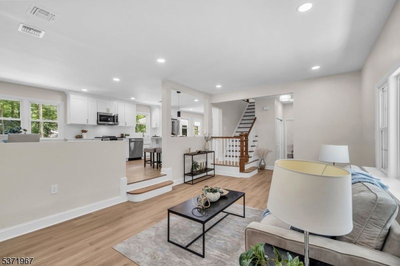 Interior, Kitchen, Living room, Pendant Lights, Recessed Lighting, Stainless Steel Appliances, Wood Texture Flooring