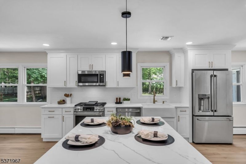 Interior, Kitchen, Pendant Lights, Recessed Lighting, Stainless Steel Appliances, Wood Texture Flooring