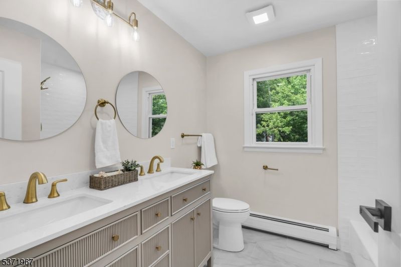 Bathroom, Dual Sink Vanities, Interior, Marble, Recessed Lighting