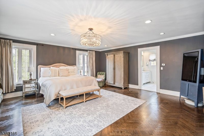 Bedroom, Chandelier, Interior, Recessed Lighting, Wood Texture Flooring