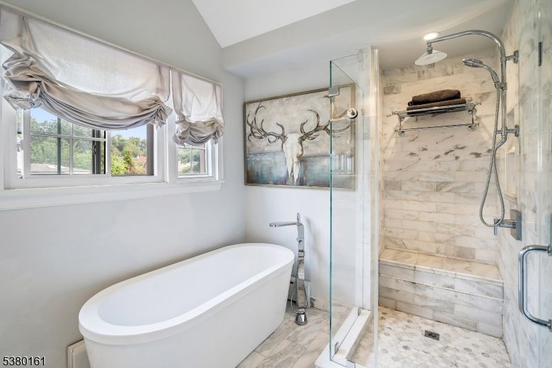 Bathroom, Free Standing Baths, Glass Shower, Interior, Marble Walls