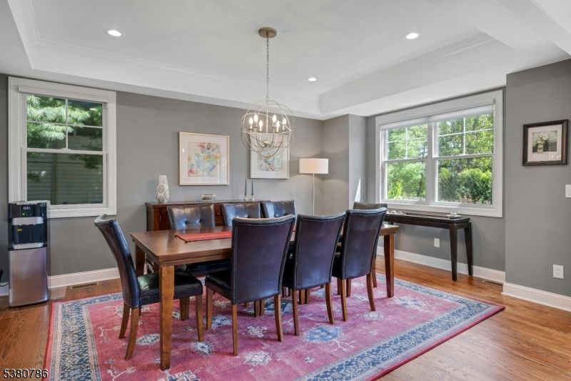 Chandelier, Dining room, Interior, Pendant Lights, Recessed Lighting, Wood Texture Flooring