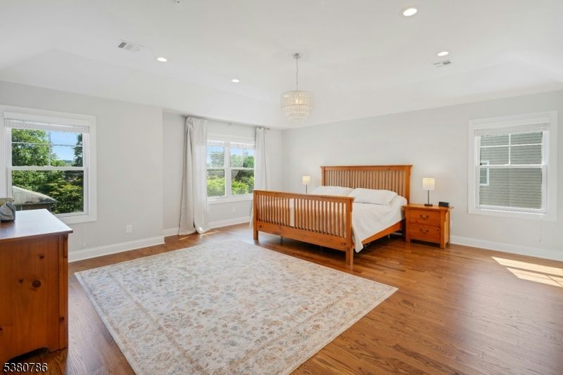 Bedroom, Chandelier, Interior, Recessed Lighting, Wood Texture Flooring