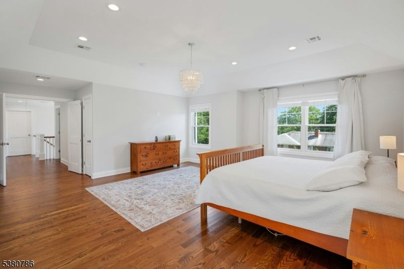 Bedroom, Chandelier, Interior, Recessed Lighting, Wood Texture Flooring