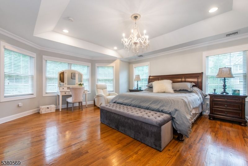 Bedroom, Chandelier, Interior, Recessed Lighting, Wood Texture Flooring