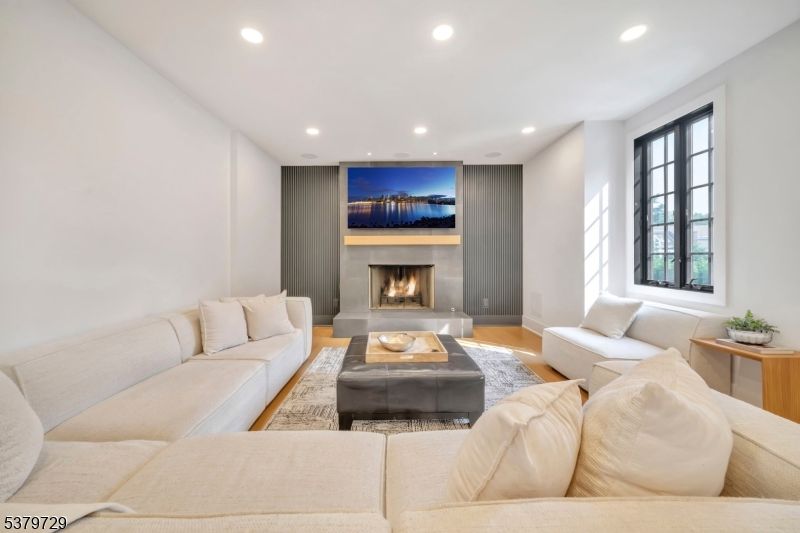 Fireplace, Interior, Living room, Recessed Lighting, Wood Texture Flooring