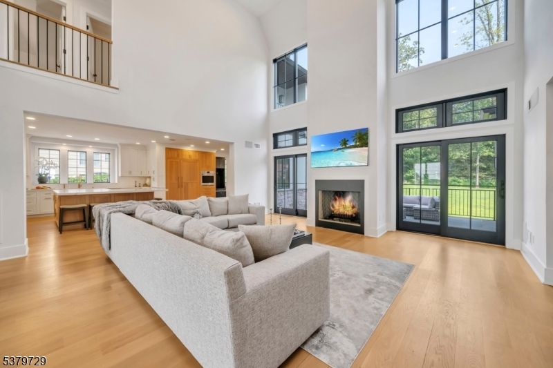 Fireplace, Interior, Kitchen, Living room, Recessed Lighting, Wood Texture Flooring