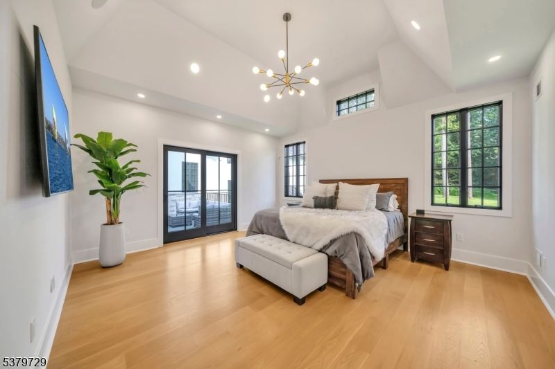 Bedroom, Interior, Pendant Lights, Recessed Lighting, Wood Texture Flooring