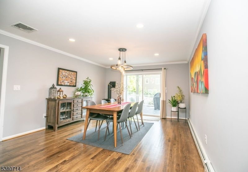 Dining room, Interior, Pendant Lights, Recessed Lighting, Wood Texture Flooring