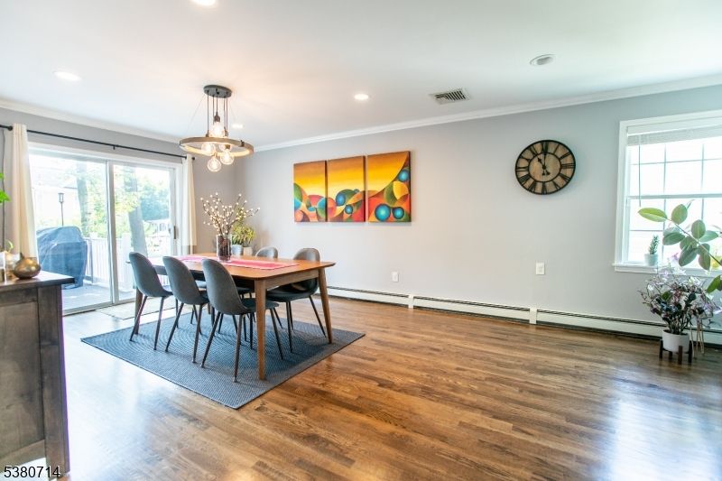 Dining room, Interior, Pendant Lights, Recessed Lighting, Wood Texture Flooring