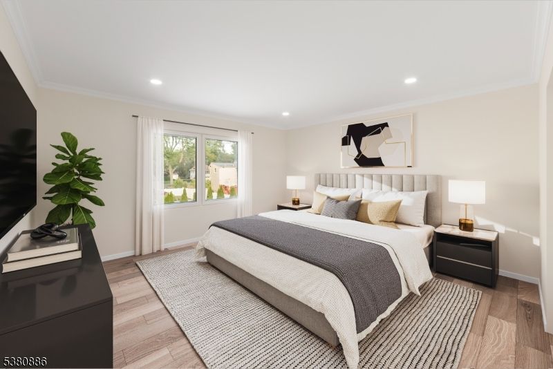 Bedroom, Interior, Recessed Lighting, Wood Texture Flooring