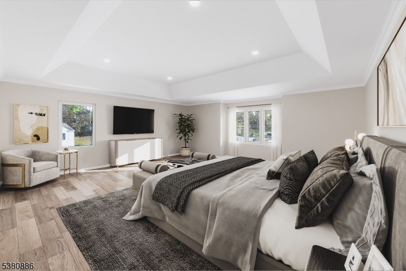 Bedroom, Interior, Recessed Lighting, Wood Texture Flooring