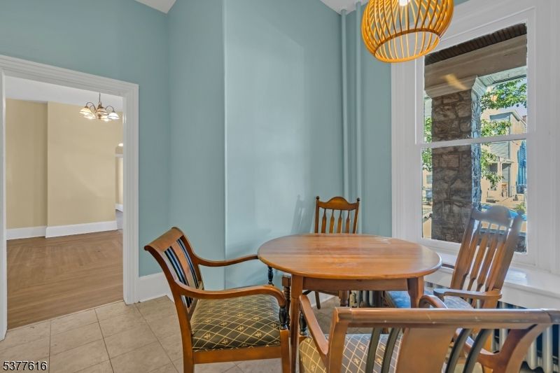 Dining room, Interior, Pendant Lights, Wood Texture Flooring