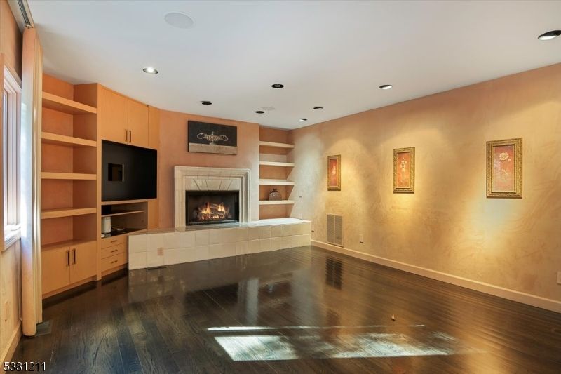 Empty room, Fireplace, Interior, Recessed Lighting, Wood Texture Flooring
