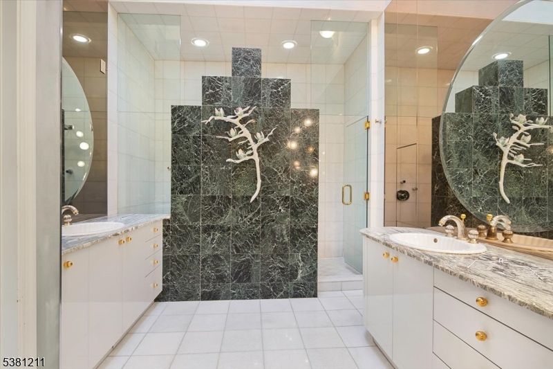 Bathroom, Glass Shower, Interior, Marble Walls, Recessed Lighting