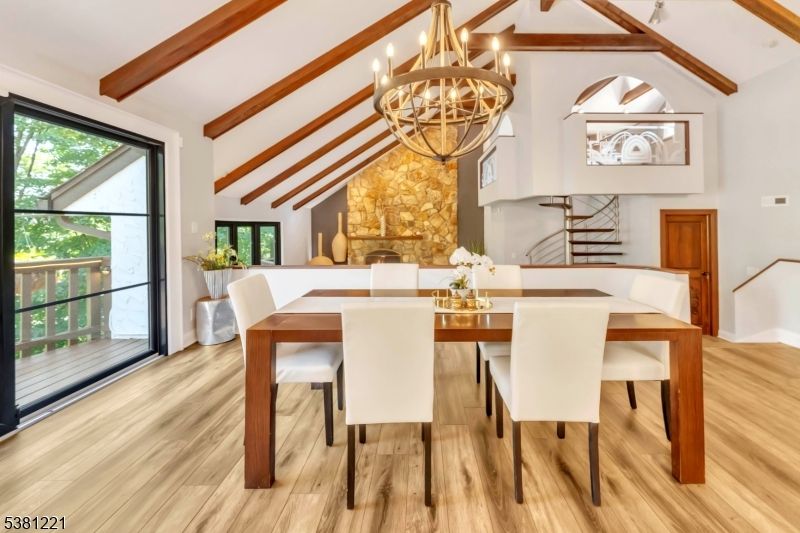 Chandelier, Dining room, Fireplace, Interior, Wooden Beams, Wood Texture Flooring