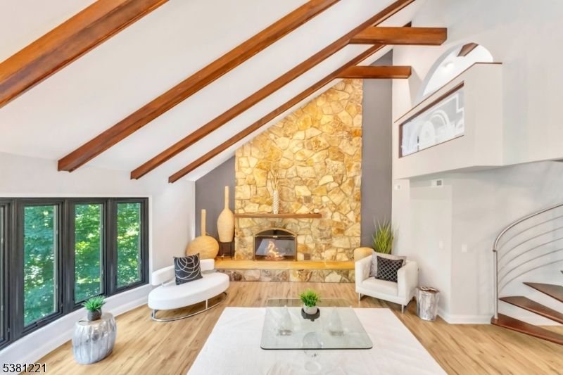 Fireplace, Interior, Living room, Stone Walls, Wooden Beams, Wood Texture Flooring