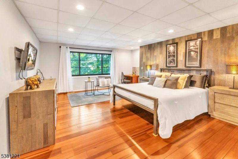 Bedroom, Interior, Recessed Lighting, Wood Texture Flooring, Wooden Walls