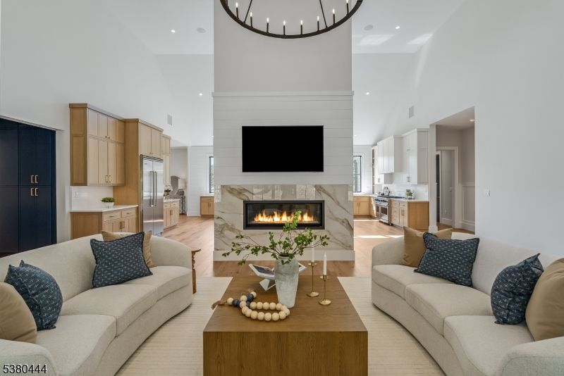 Fireplace, Interior, Kitchen, Living room, Pendant Lights, Recessed Lighting, Wood Texture Flooring