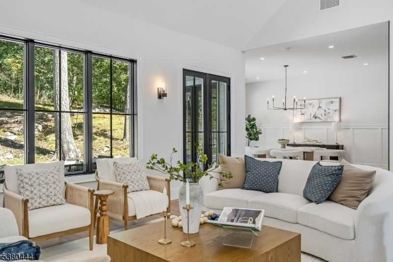 Dining room, Interior, Living room, Pendant Lights, Recessed Lighting, Wood Texture Flooring