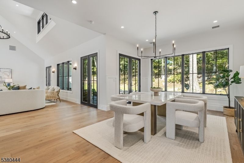 Dining room, Interior, Living room, Pendant Lights, Recessed Lighting, Wood Texture Flooring