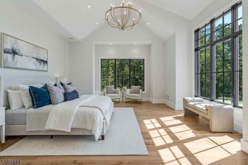 Bedroom, Chandelier, Interior, Pendant Lights, Recessed Lighting, Wood Texture Flooring