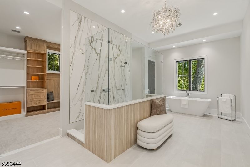 Bathroom, Chandelier, Free Standing Baths, Interior, Marble Walls, Recessed Lighting