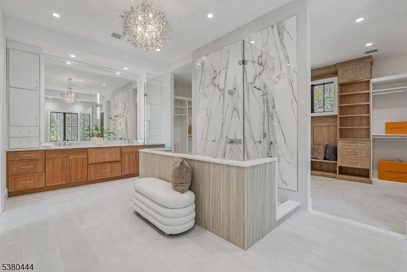 Bathroom, Chandelier, Interior, Marble Walls, Recessed Lighting