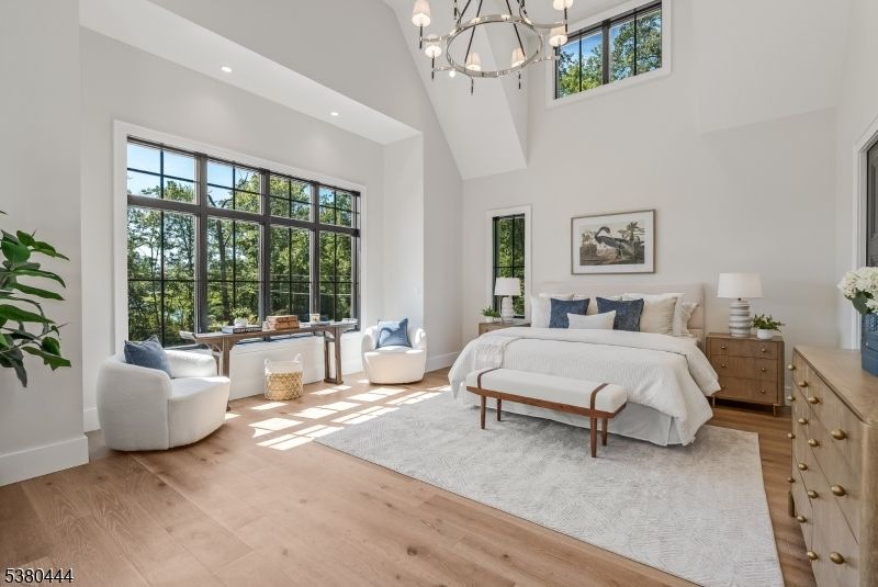 Bedroom, Chandelier, Interior, Recessed Lighting, Wood Texture Flooring