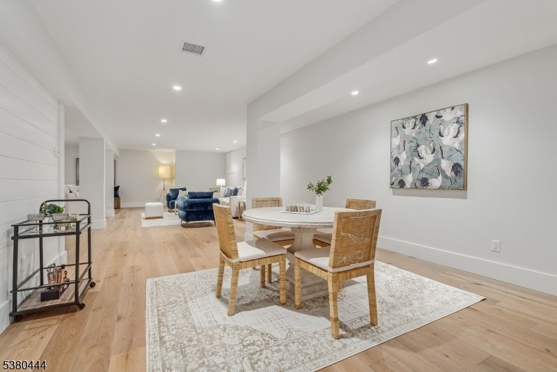 Dining room, Interior, Living room, Recessed Lighting, Wood Texture Flooring