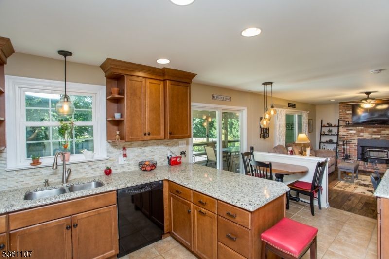 Dining room, Fireplace, Interior, Kitchen, Pendant Lights, Recessed Lighting, Stone Walls
