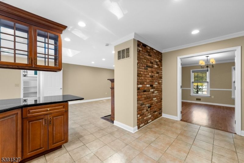 Empty room, Interior, Kitchen, Recessed Lighting, Stone Walls, Wood Texture Flooring