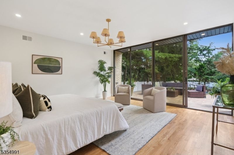 Bedroom, Chandelier, Interior, Recessed Lighting, Wood Texture Flooring