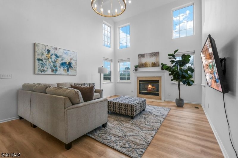 Fireplace, Interior, Living room, Pendant Lights, Wood Texture Flooring