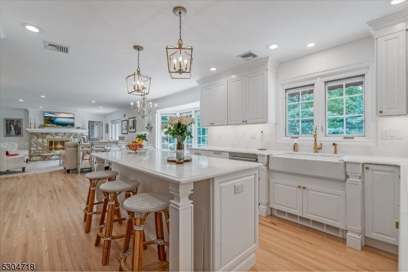 Fireplace, Interior, Kitchen, Pendant Lights, Recessed Lighting, Wood Texture Flooring