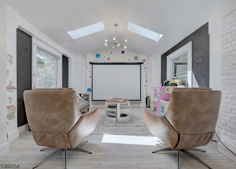 Interior, Pendant Lights, Projection Screen, Stone Walls, Wood Texture Flooring