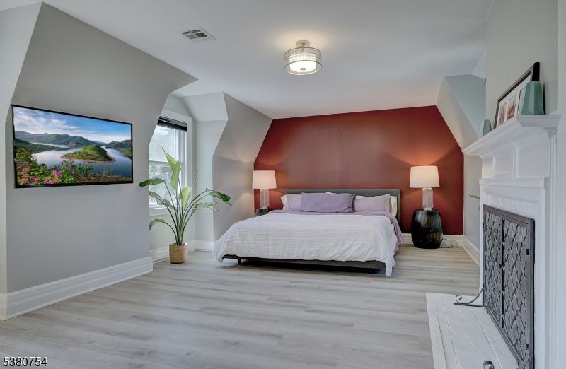 Bedroom, Fireplace, Interior, Wood Texture Flooring