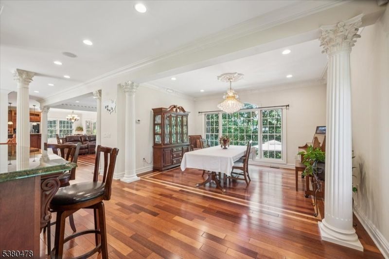 Chandelier, Dining room, Interior, Recessed Lighting, Wood Texture Flooring