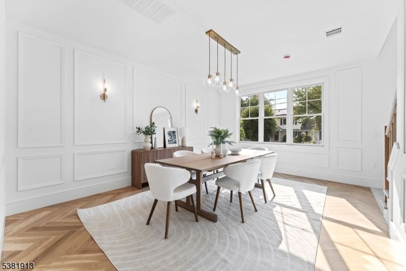 Dining room, Interior, Pendant Lights, Wood Texture Flooring