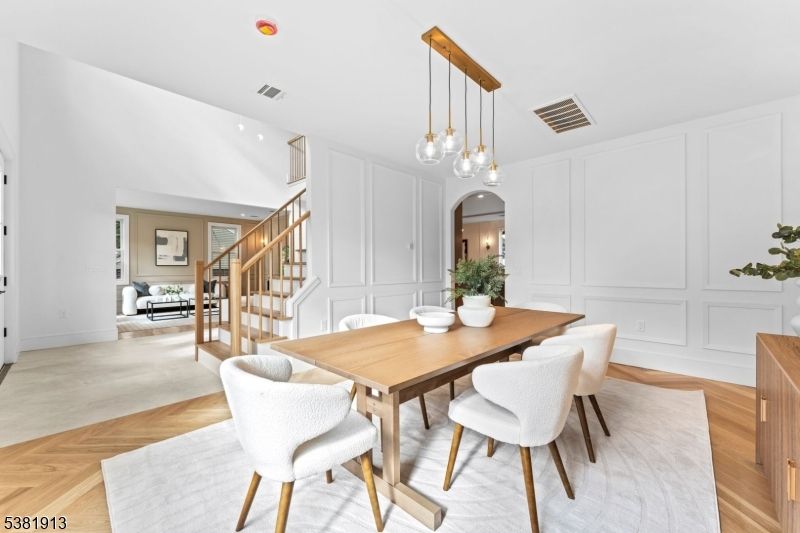 Dining room, Interior, Pendant Lights, Recessed Lighting, Wood Texture Flooring