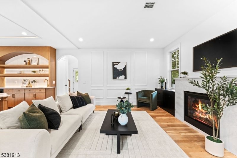 Fireplace, Interior, Living room, Recessed Lighting, Wood Texture Flooring