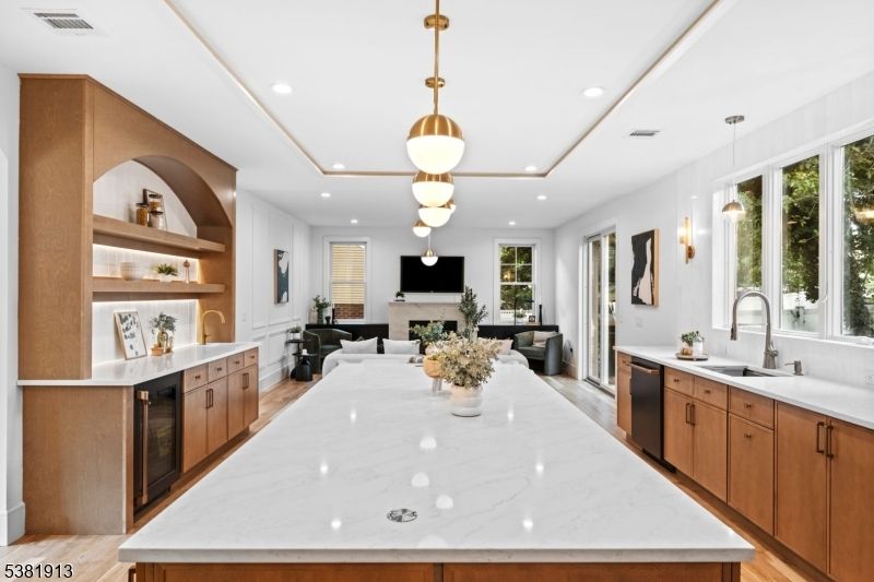 Fireplace, Interior, Kitchen, Living room, Pendant Lights, Recessed Lighting, Wood Texture Flooring