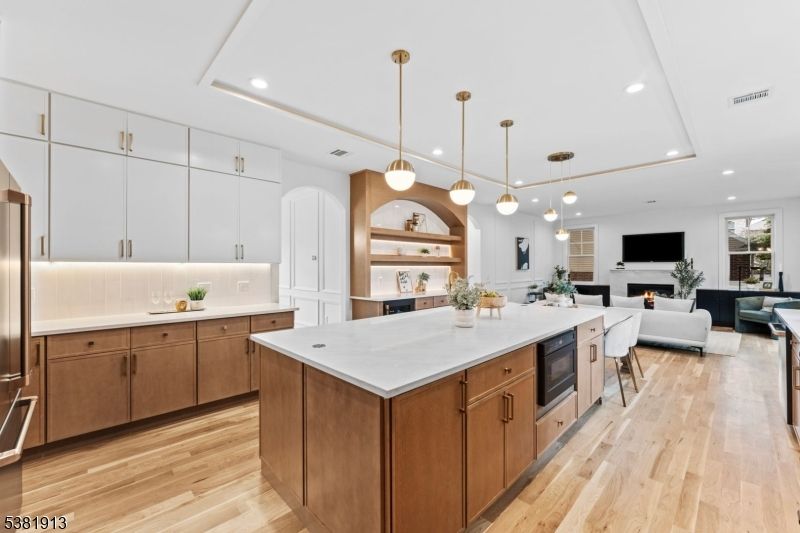 Fireplace, Interior, Kitchen, Living room, Pendant Lights, Recessed Lighting, Wood Texture Flooring