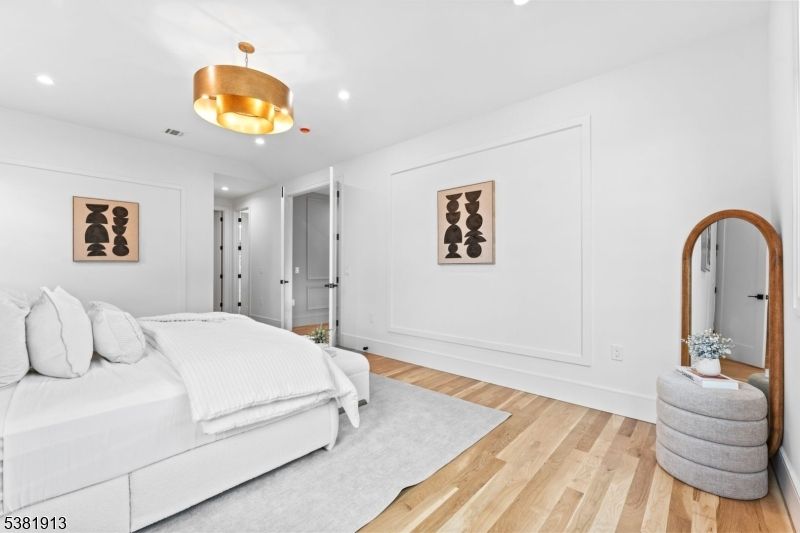 Bedroom, Interior, Pendant Lights, Recessed Lighting, Wood Texture Flooring