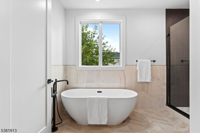 Bathroom, Free Standing Baths, Interior, Recessed Lighting, Wood Texture Flooring