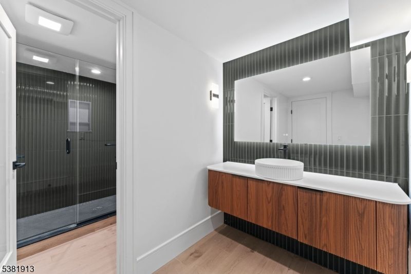 Bathroom, Glass Shower, Interior, Recessed Lighting, Wood Texture Flooring
