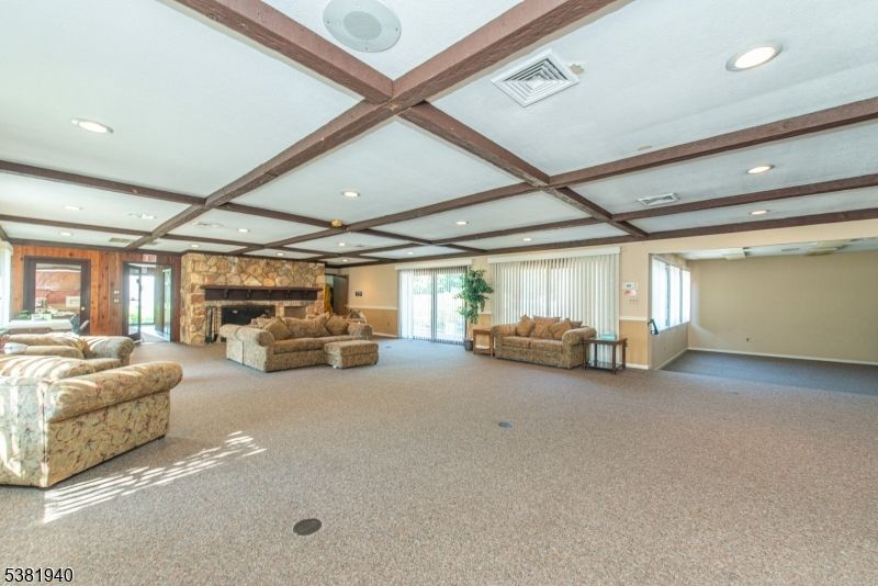 Fireplace, Interior, Living room, Recessed Lighting, Wooden Beams