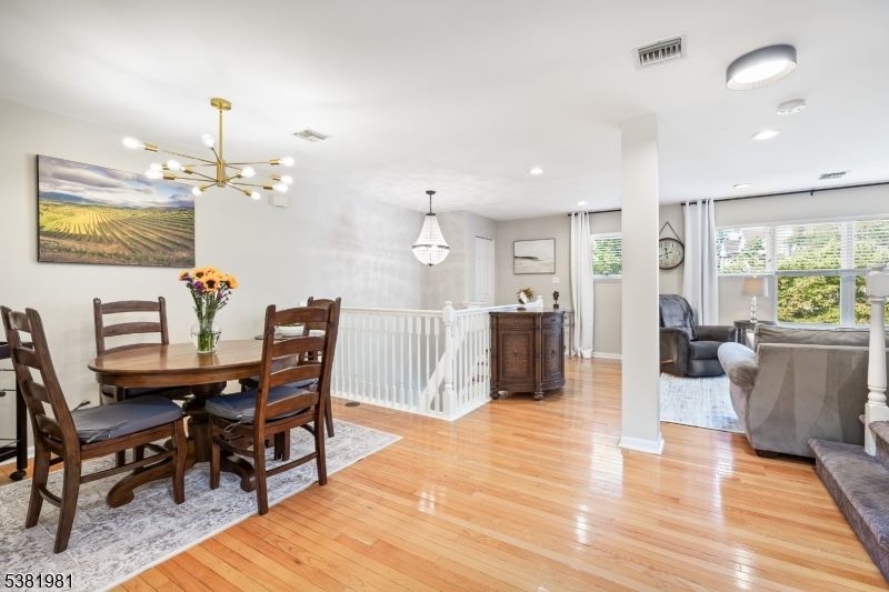 Dining room, Interior, Living room, Pendant Lights, Recessed Lighting, Wood Texture Flooring
