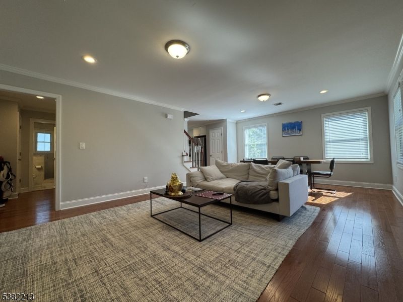 Dining room, Interior, Living room, Recessed Lighting, Wood Texture Flooring